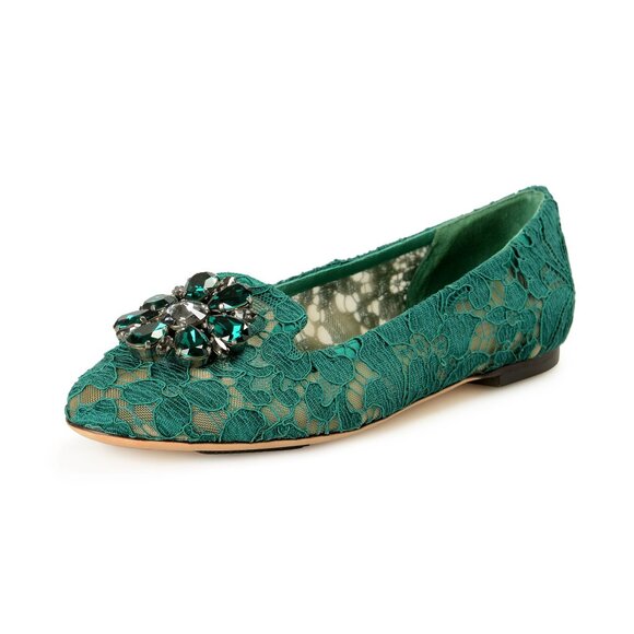 Dolce & Gabbana Women's Green Lace Leather Ballet Flat Shoes US 11.5 IT 41.5 - Picture 1 of 8